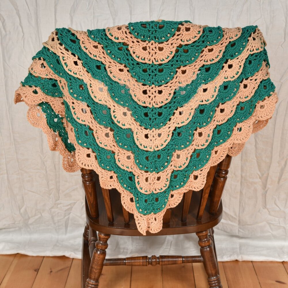New hand crocheted shawl, beautiful pattern & colors, 100% wool, 64" across